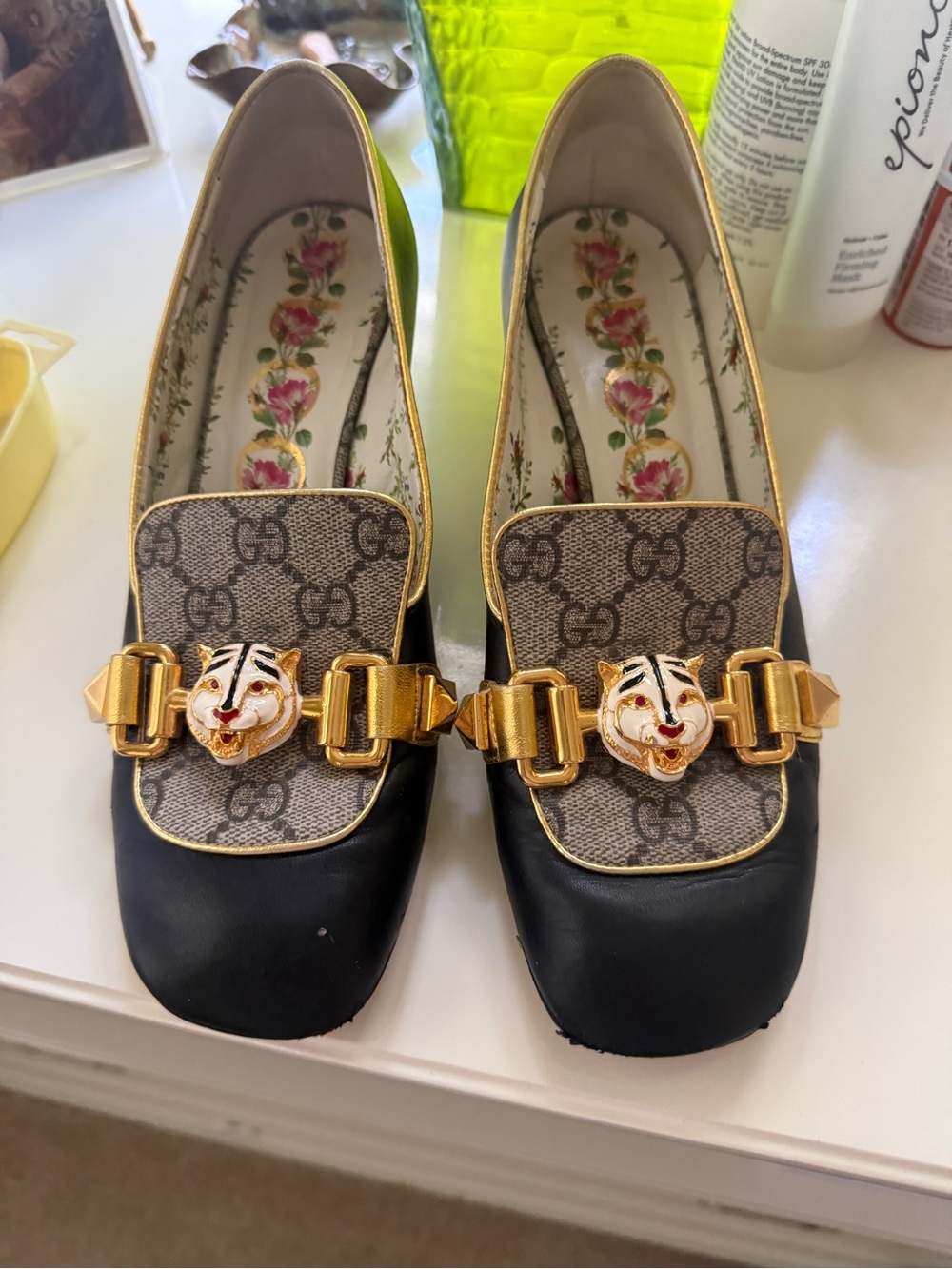 Gucci Black Leather & Beige GG Canvas Loafers with Gold Tiger Hardware